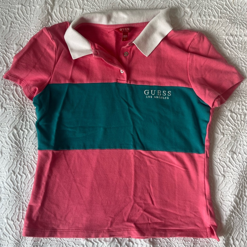 Guess S Pink Y2K Polo white collared preppy coquette Shirt🎀